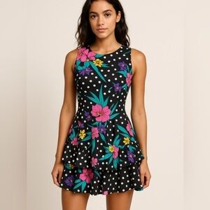 Vintage Style My Way Floral Polka Dot Dress Tiered Ruffle Skirt Made in USA Sz 9